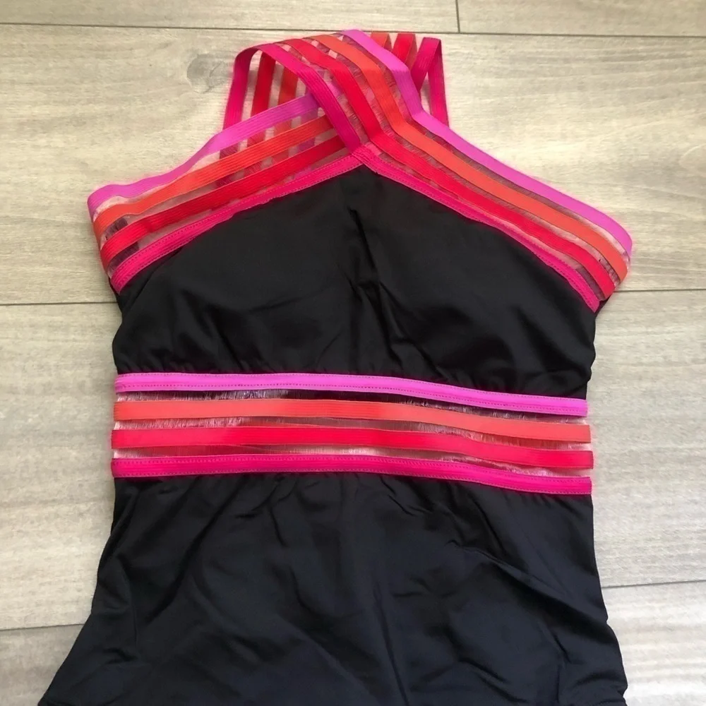 New Kenneth Cole High Neck Cross Front Banded One Piece Swimsuit S